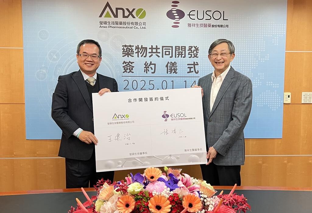 瑩碩董事長王建治（左）與雅祥董事長張鴻仁（右）簽署藥物開發合約。