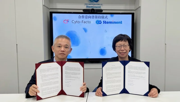 仲恩生醫董事長王玲美（右）與Cyto-Facto社長Yasunori Ishibashi簽訂合作意向書。圖／仲恩生醫提供